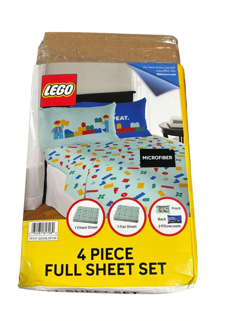 New Lego Light Blue Microfiber 4-Piece Full Sheet Set with Colorful Brick Print